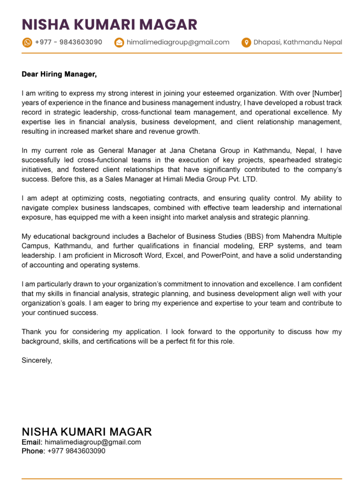 Formatted cover letter showcasing effective communication of skills and experience.